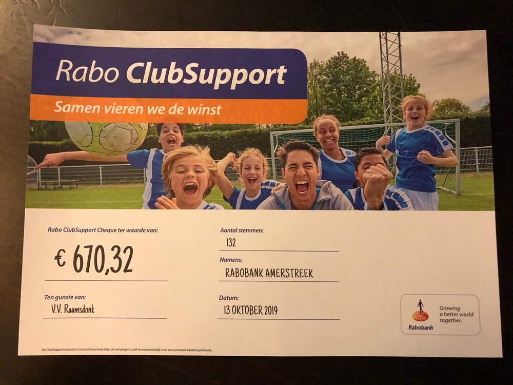 Cheque Rabobank Cheque Rabobank ClubSupport - v.v. Raamsdonk