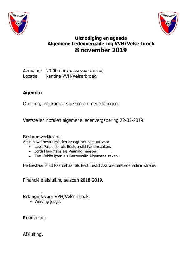 Uitnodiging + Agenda Algemene Leden Vergadering  VVH Velserbroek